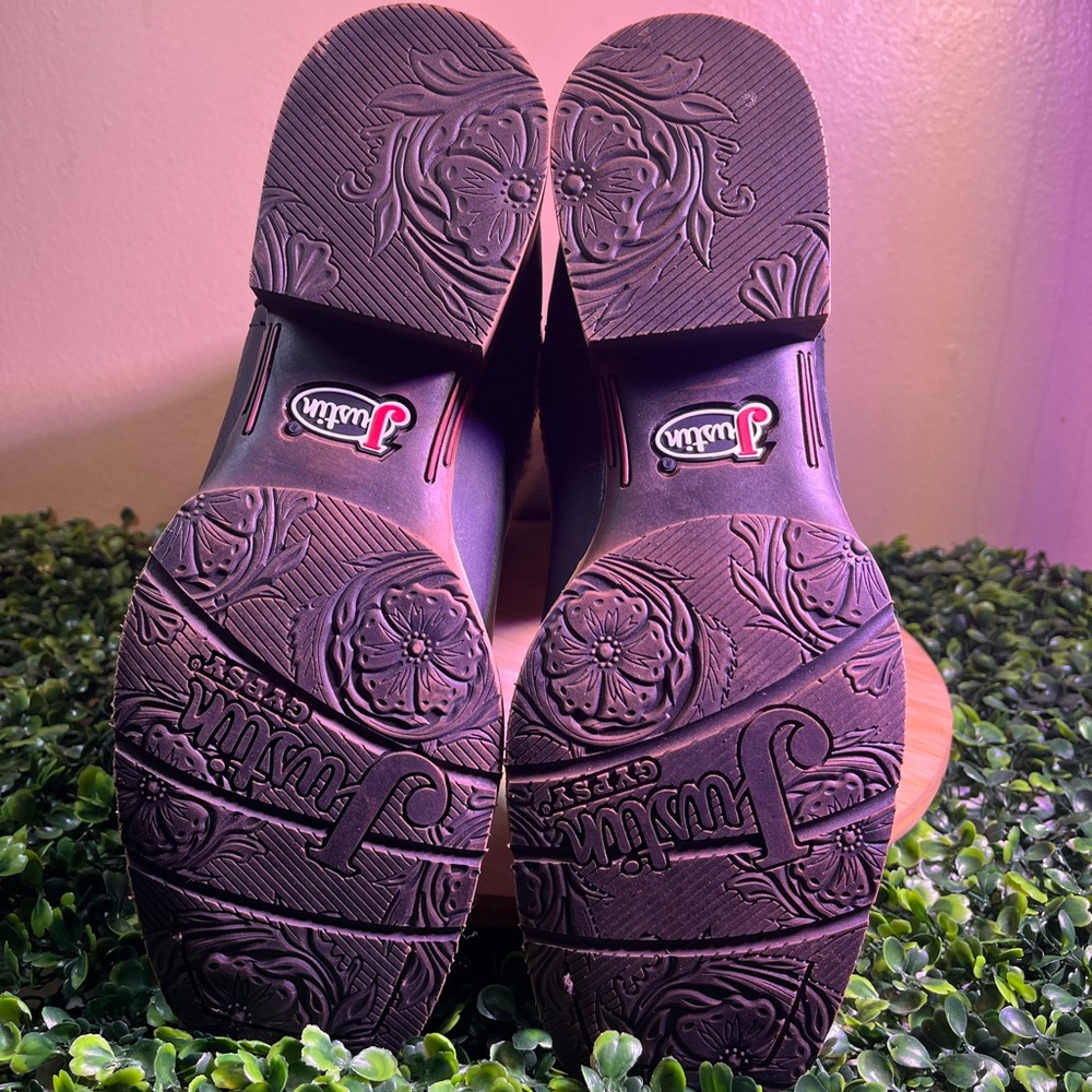 JUSTIN LADIES LATTIE MIDNIGHT BLACK BROWN LEATHER PULL-ON COWGIRL BOOTS SZ 9.5B - Picture 7 of 8